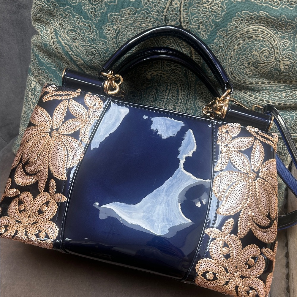 Like new—Patent Navy and Gold Sequin  Handbag w/removable, adjustable strap